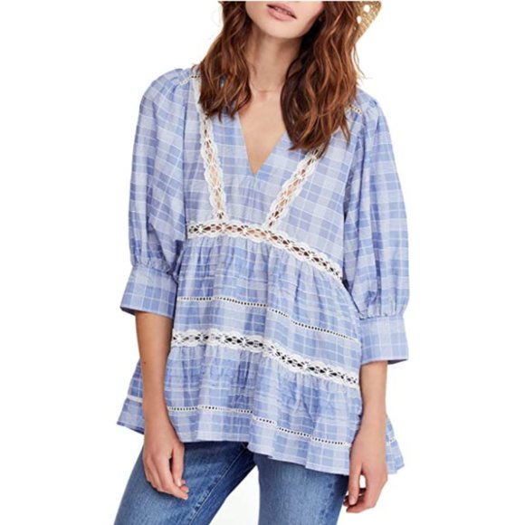 Free People Blue Time Out Tiered Lace Tunic Top - Picture 5 of 6